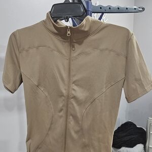 Tan Short Sleeve Zip-Up Top